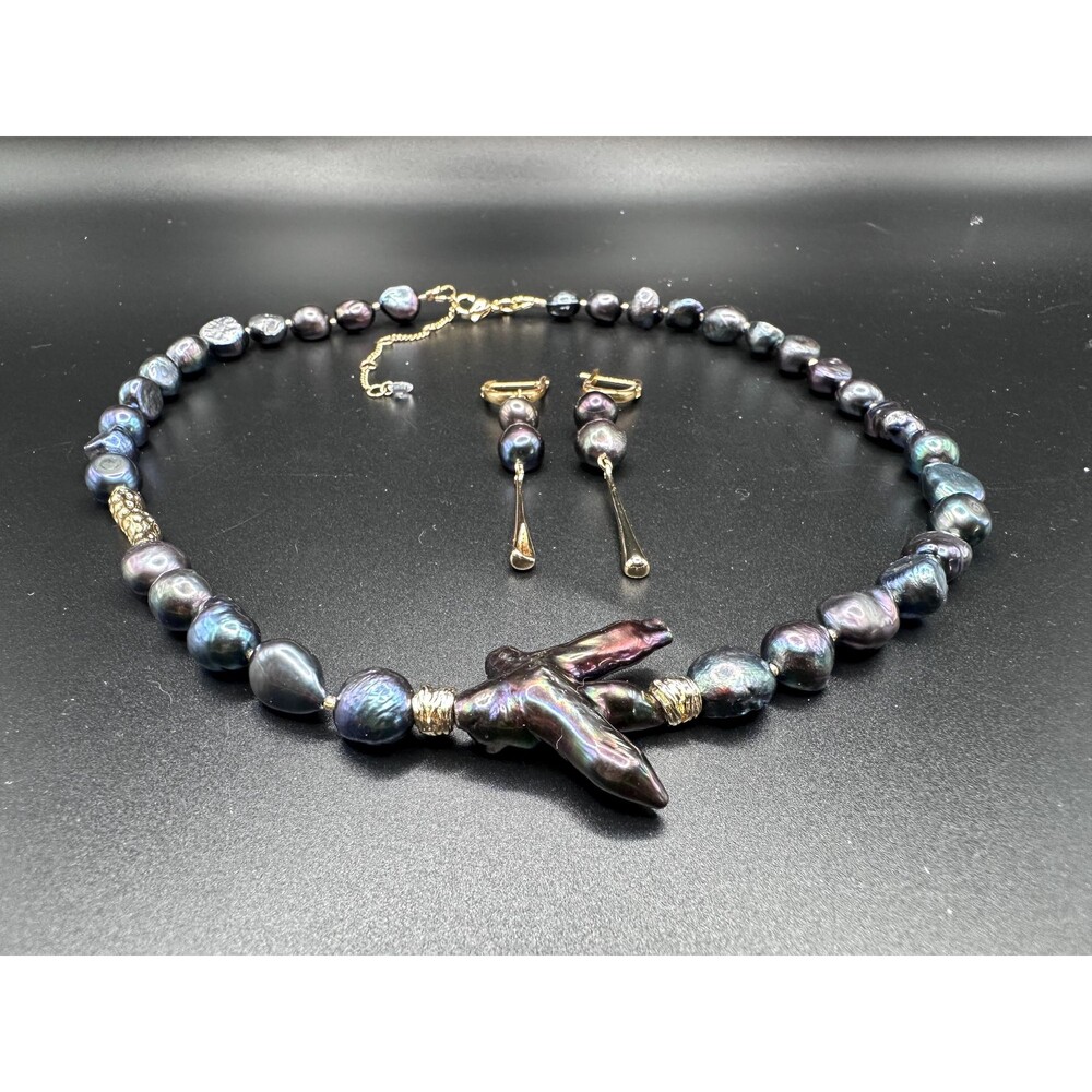 17" Black Nugget Pearl Choker Set – Cross center accent, Gold Dangle Earrings